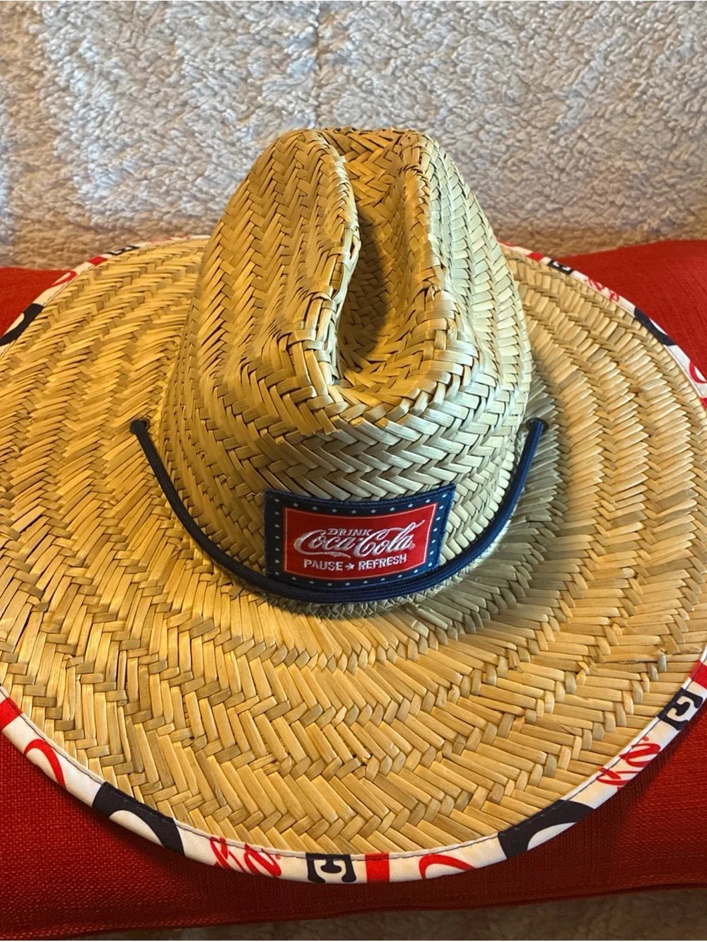 Coca-Cola Branded Straw Sun Hat - Natural Straw with Red & Blue Accents
